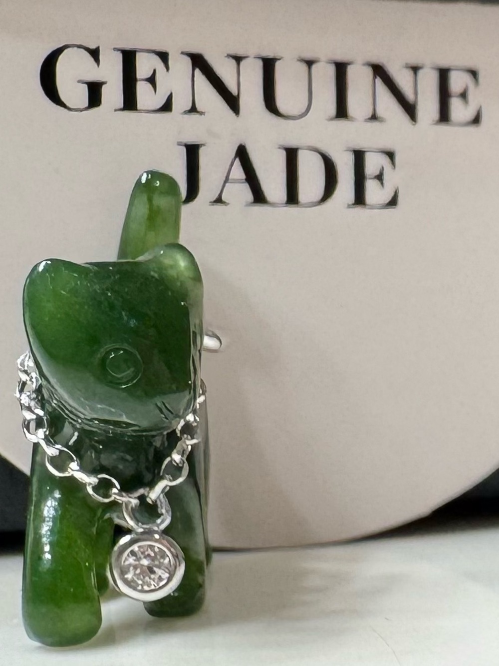 Genuine Jade Carved Cat Pendant with Silver Chain Charm
